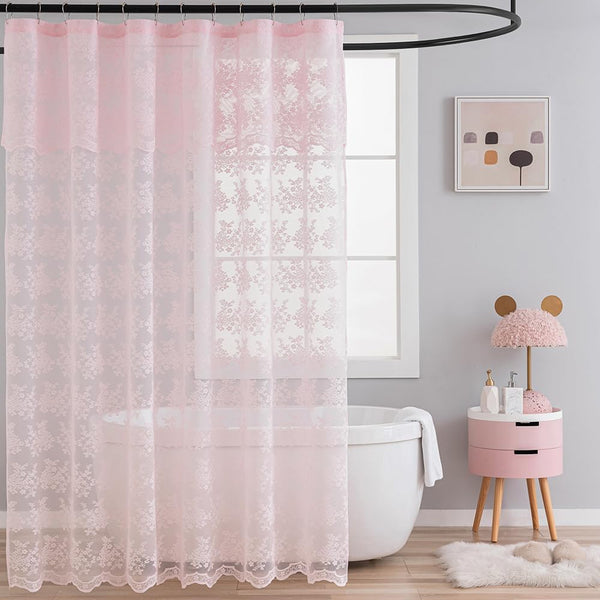 Pink Shower Curtain - Shabby Chic Lace Floral Girly Cute Shower Curtain with Attach Valance. Sheer Vintage Coquette Floral Summer Bathroom Curtain. Scalloped Edge Top. 72 x 72 Inch. Light Pink