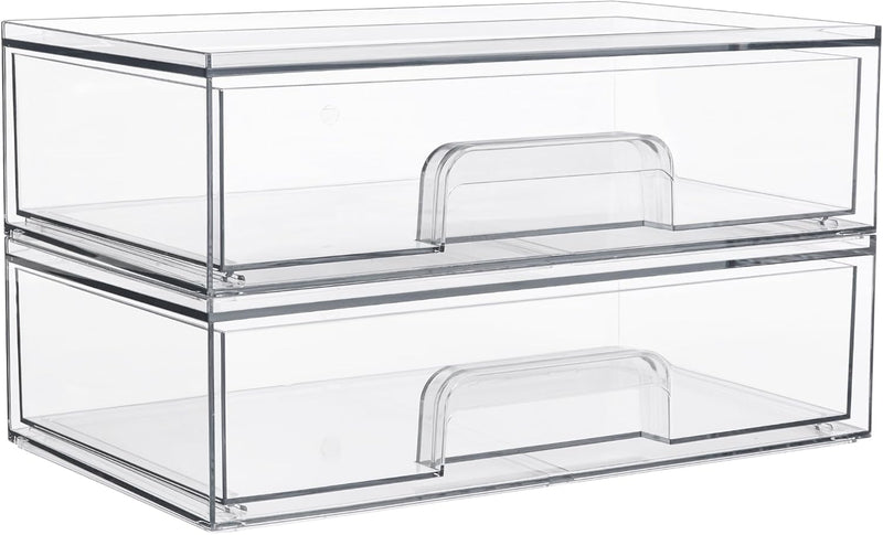 Vtopmart 12.1''W Clear Stackable Storage Drawers.2 Pack Acrylic Plastic Organizers Bins for Makeup Palettes. Cosmetics. and Beauty Supplies.Ideal for Vanity. Bathroom.Cabinet.Desk Organization